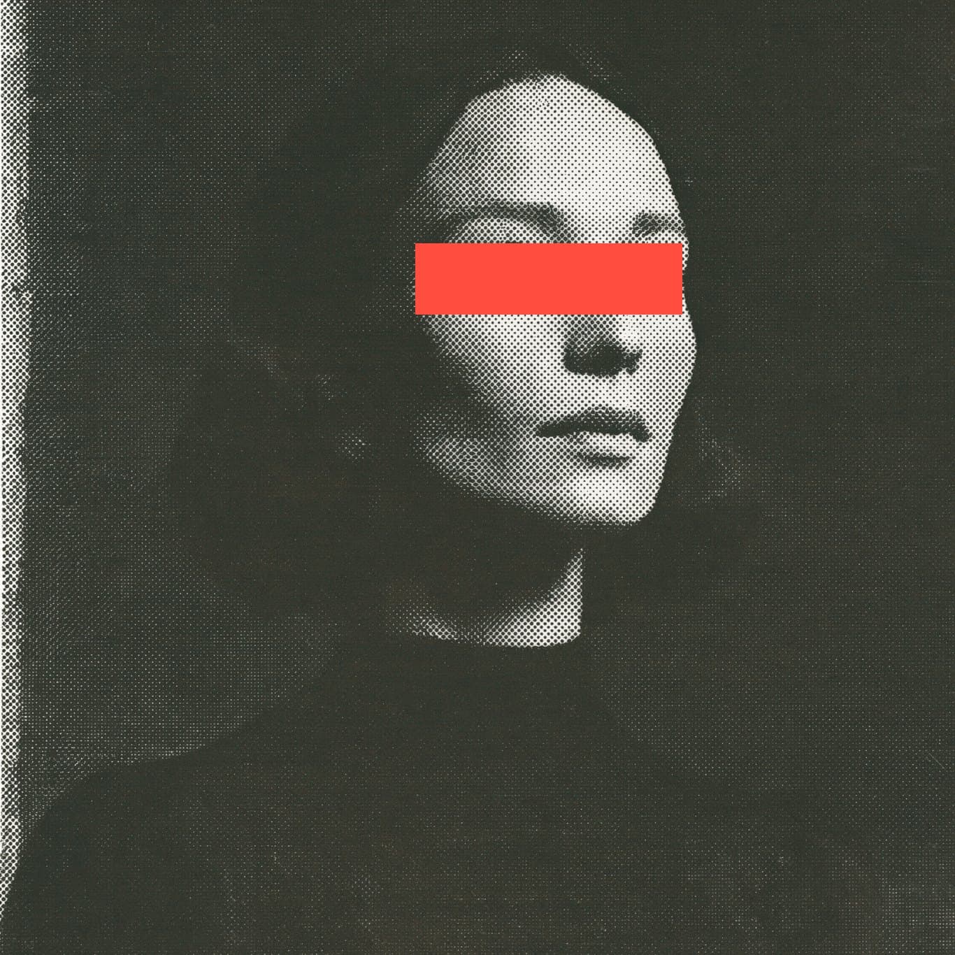 A woman's face in halftone, eyes redacted